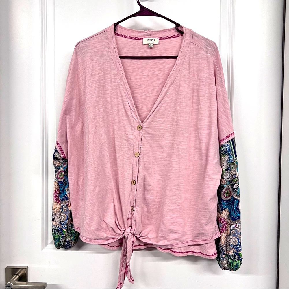 Pink with floral arms blouse, size L
